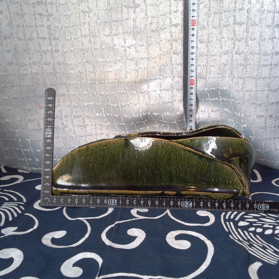 骨董３緑色の陶器製長方形皿