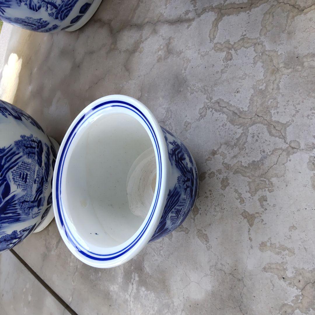 陶器鉢特大植木鉢、青と白の山水画 陶器植木鉢 6個セット