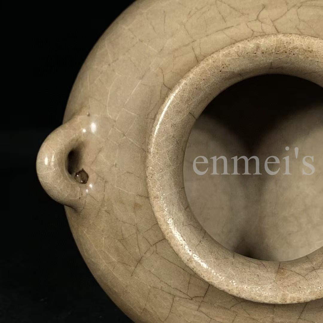 中国古美術・宋代 哥窯 双耳炉 灰青釉・観賞用・香炉・装飾品・縁起物・文房置物