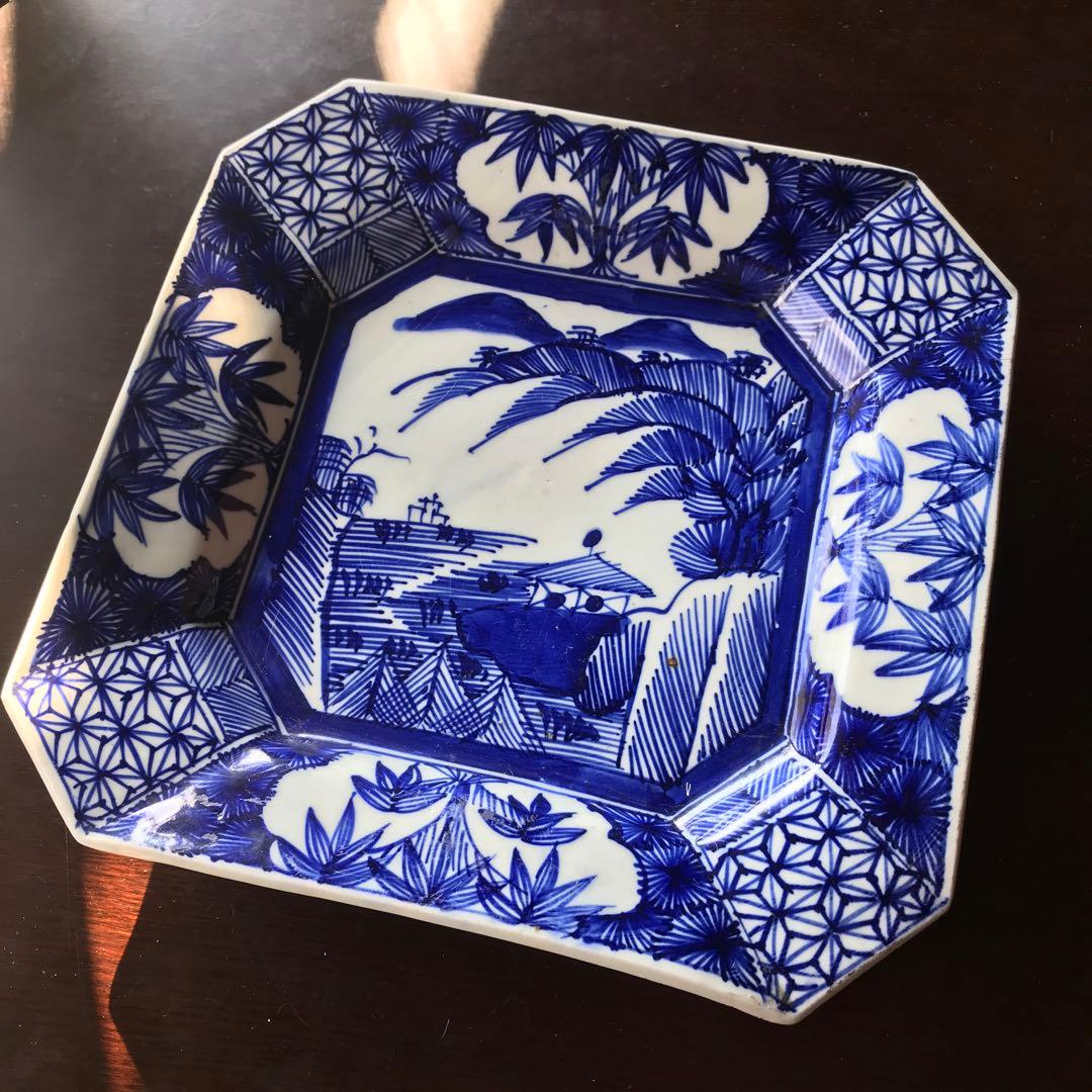 美品　古伊万里　陶器　年代物　盛り皿　角皿　八角絵皿　線画　山水の絵柄が素敵な