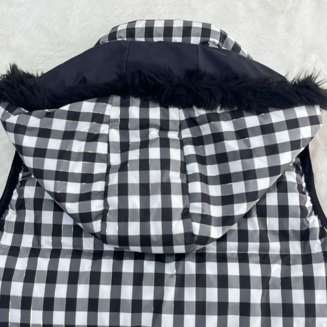 ブラック＆ホワイト ダウンベスト ゴルフウェア フード取外し可 ファー 黒白