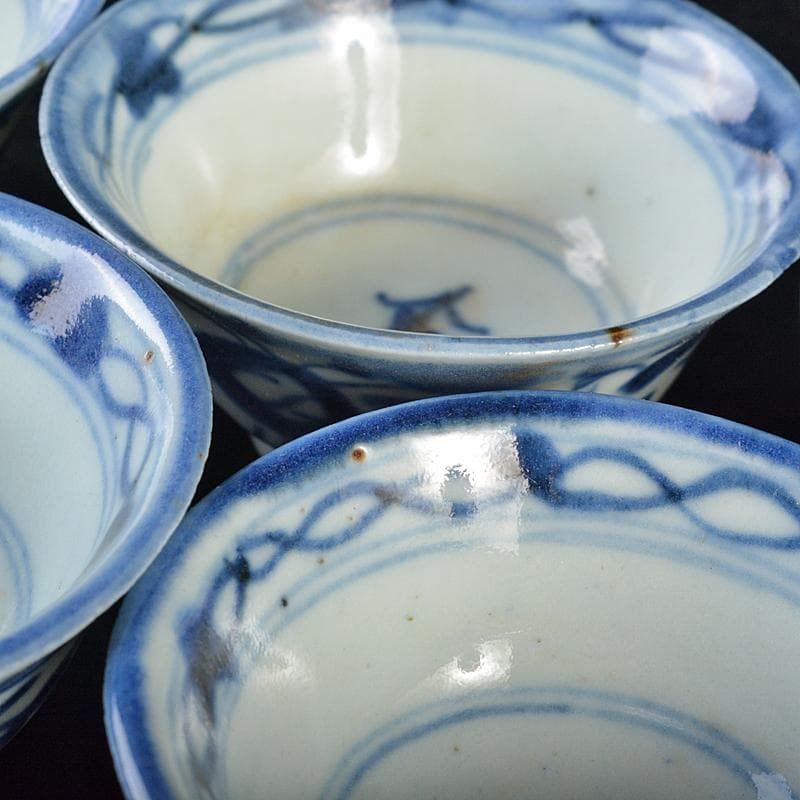 中国　青花　花文　煎茶碗　五客　時代箱付　M　R7281