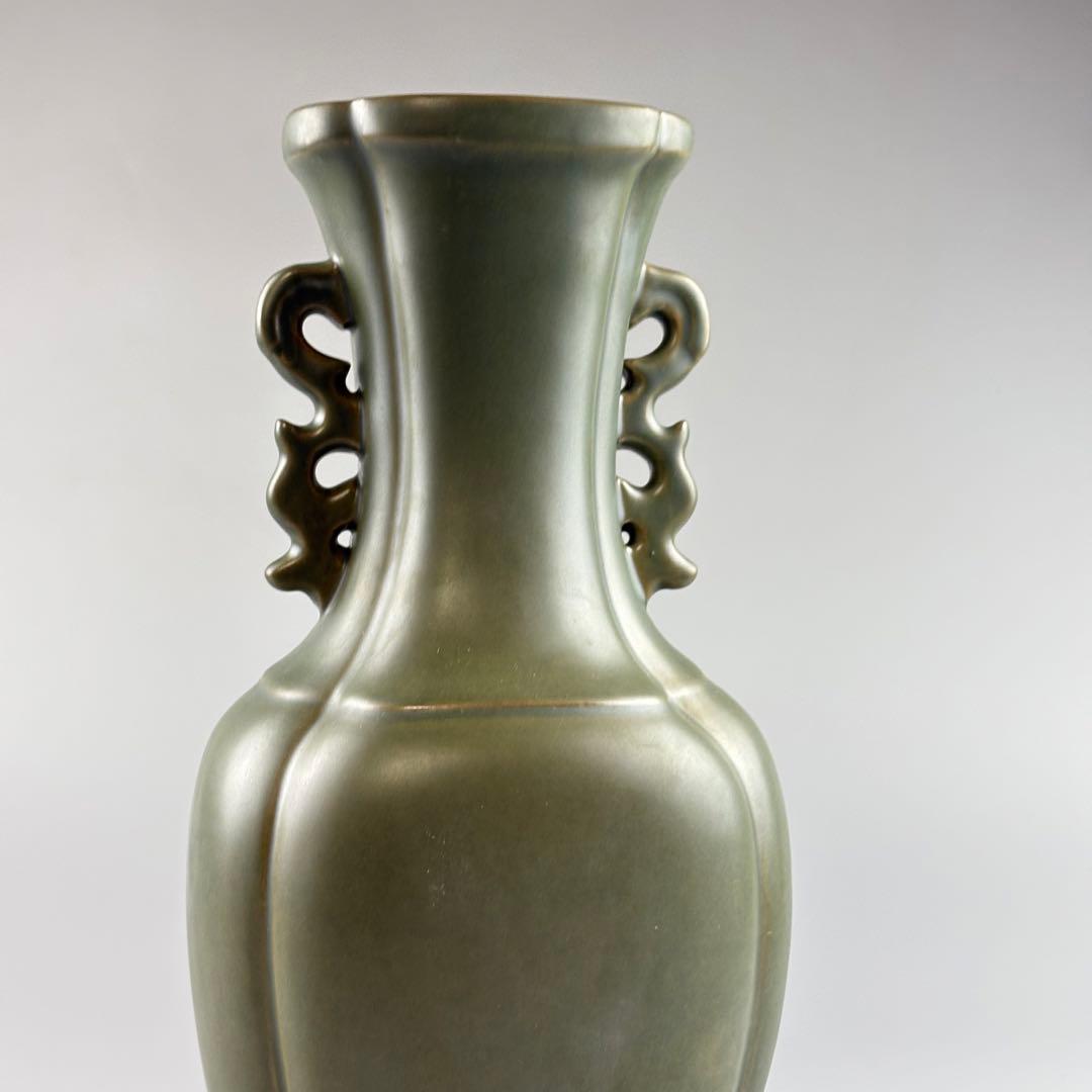 小原六合軒 家元秘蔵花器写し蕎麦釉龍耳花瓶 共箱 飾壺 陶瓷器 美術品