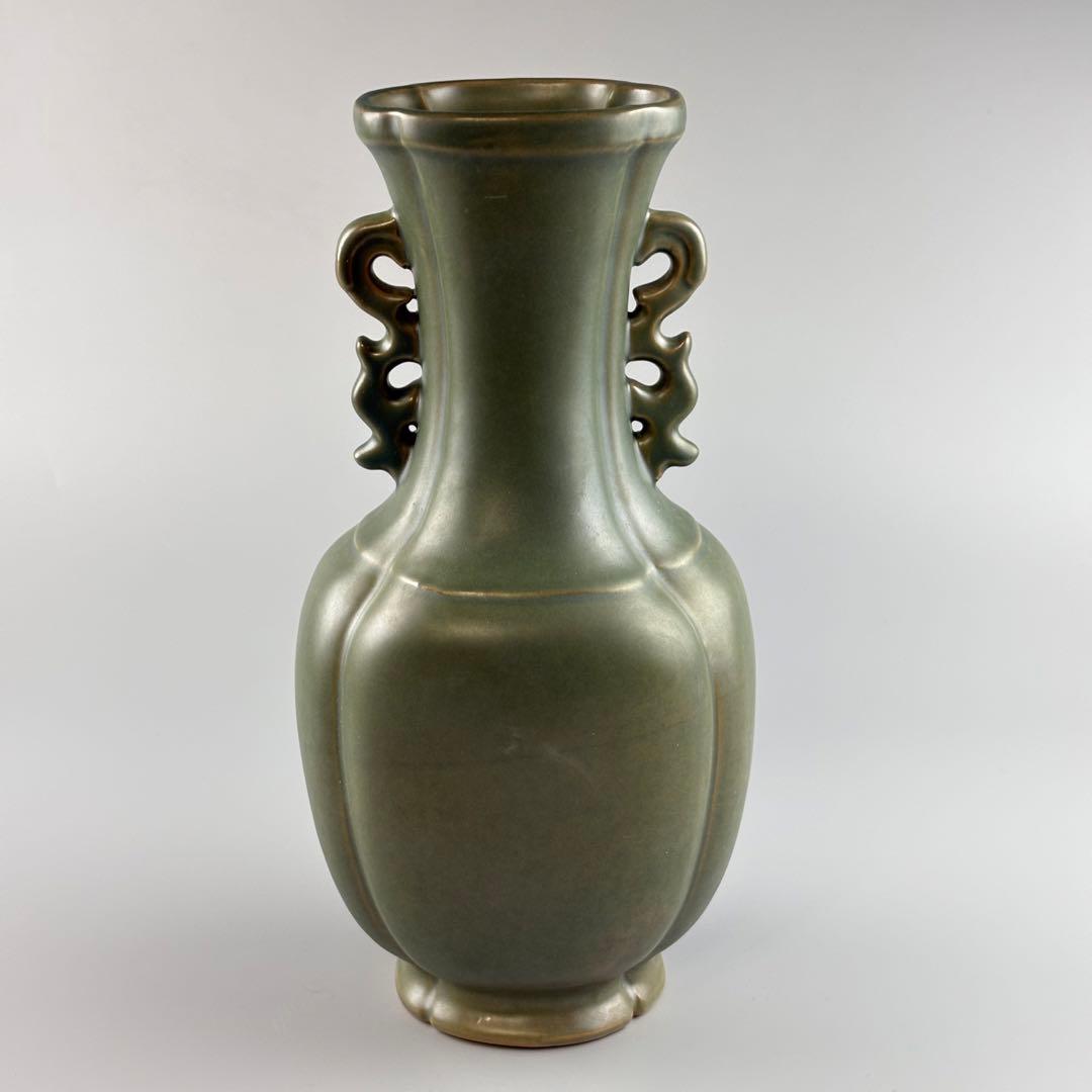 小原六合軒 家元秘蔵花器写し蕎麦釉龍耳花瓶 共箱 飾壺 陶瓷器 美術品