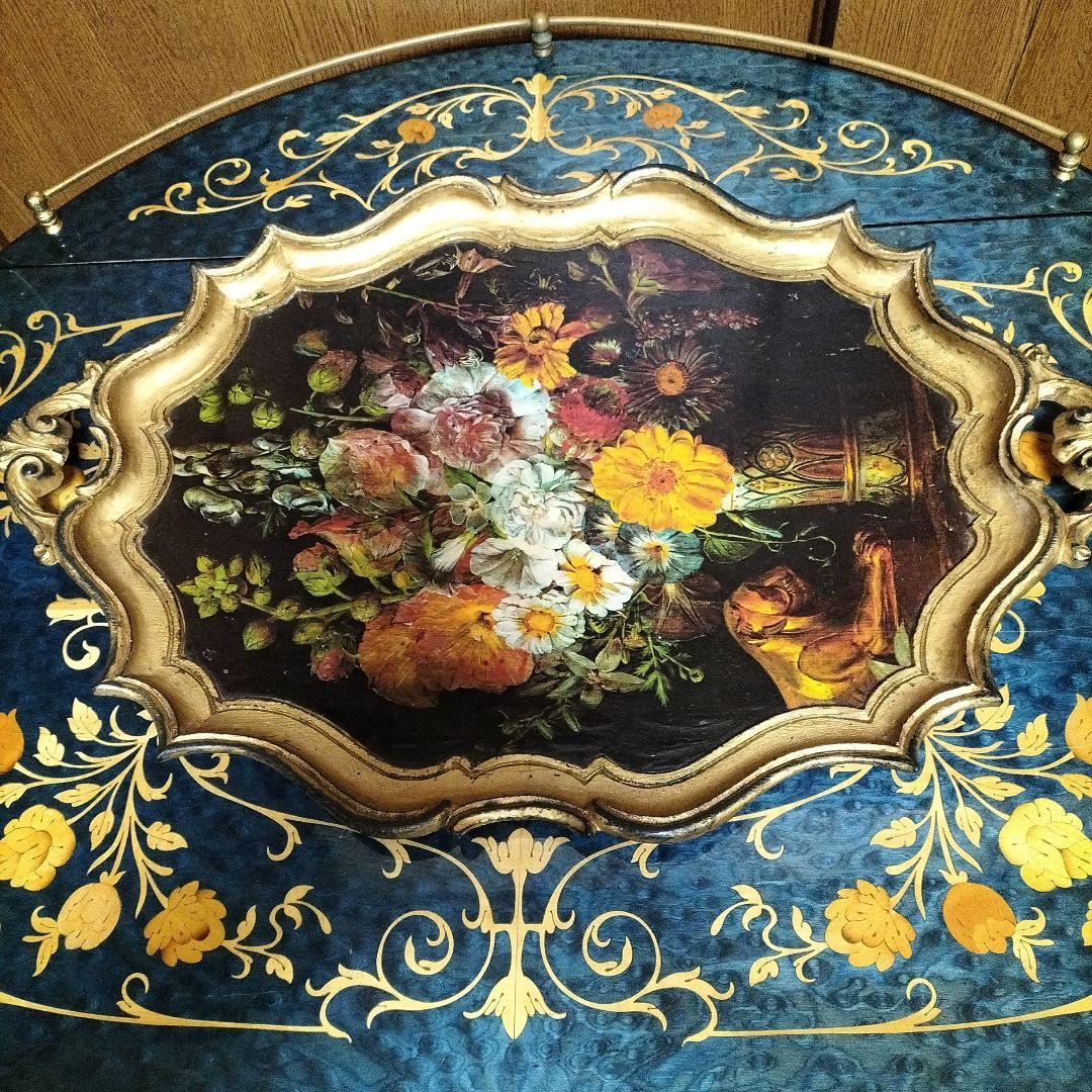 イタリア製　木製花の絵画 トレー　お盆　装飾的フレーム付き