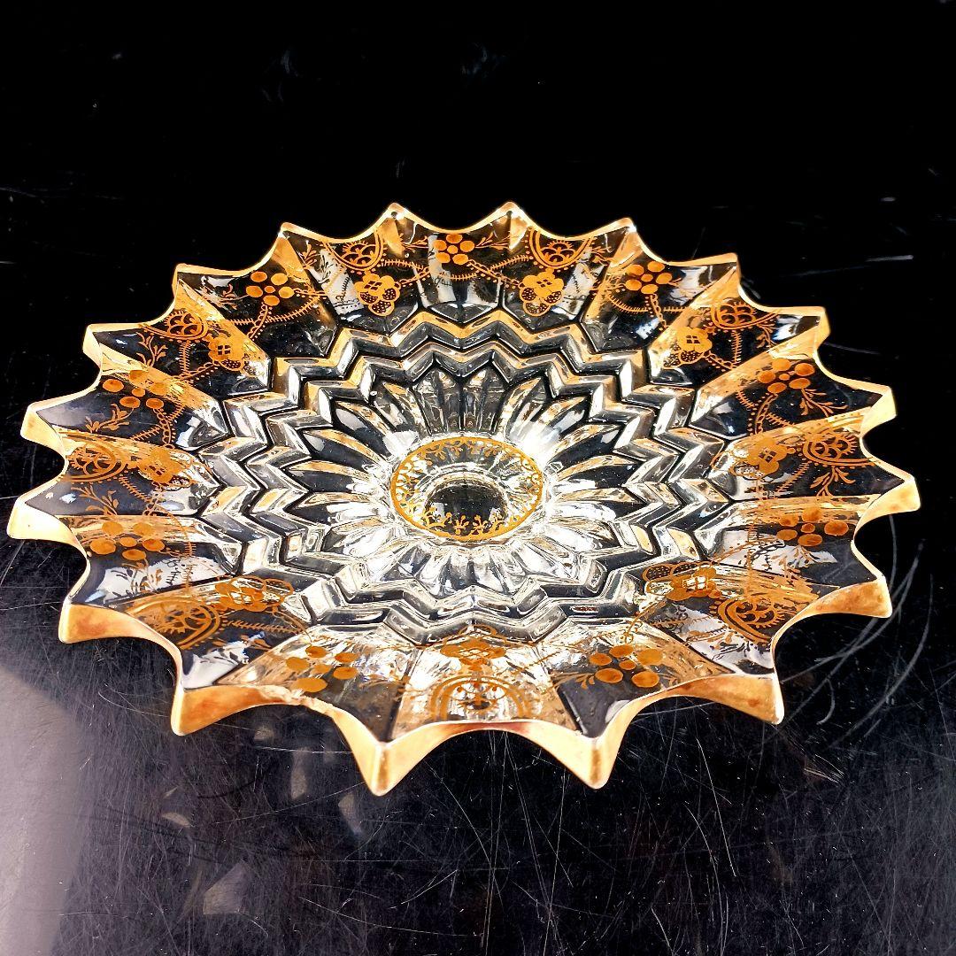 Y427 時代古作 金彩 ガラス コンポート 果物皿 直径20.5㎝ 木箱付　G