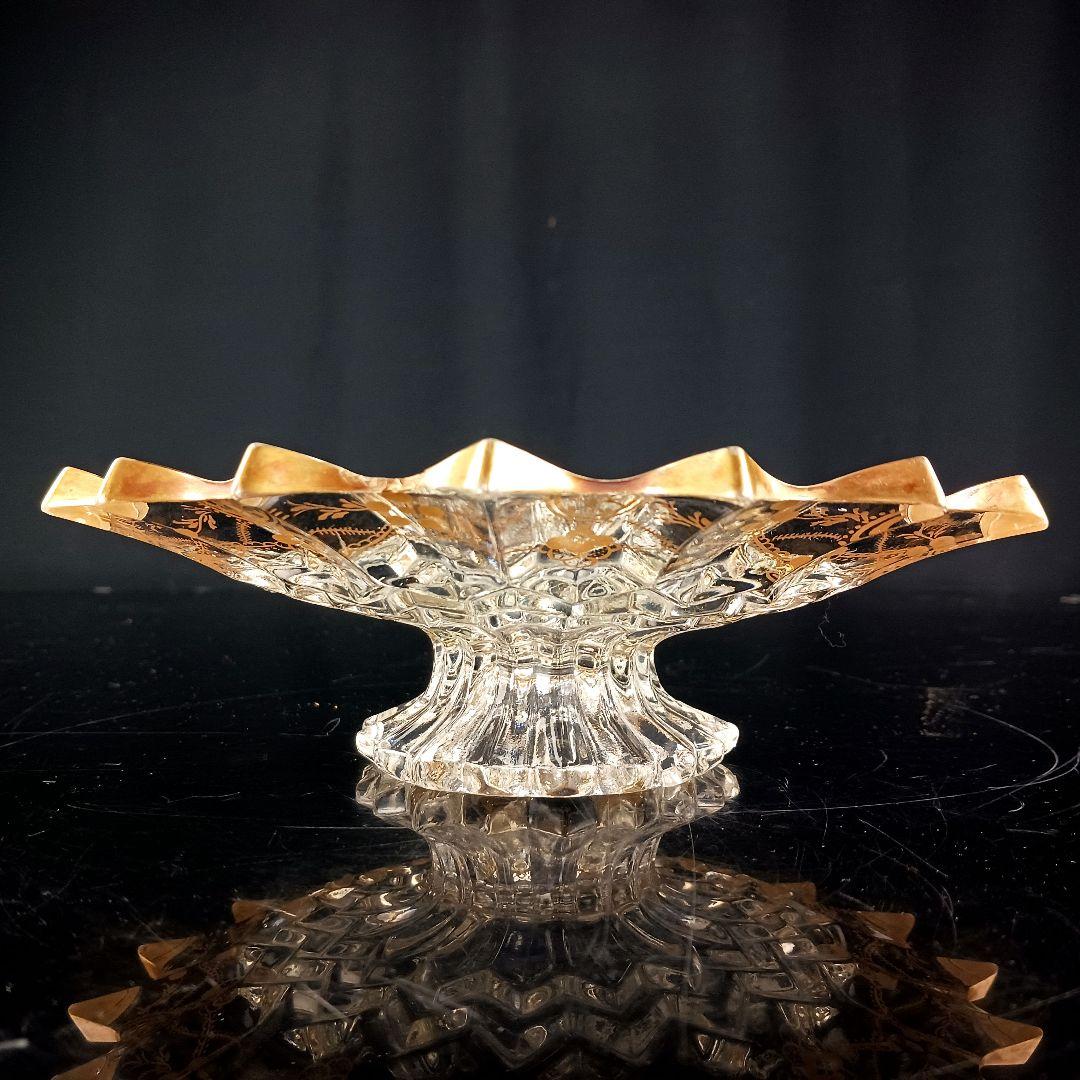 Y427 時代古作 金彩 ガラス コンポート 果物皿 直径20.5㎝ 木箱付　G