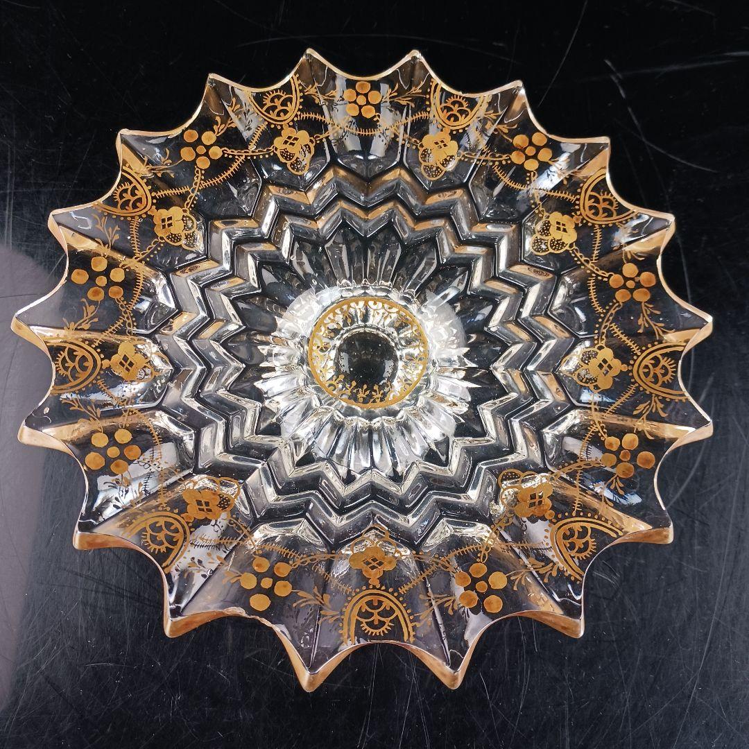 Y427 時代古作 金彩 ガラス コンポート 果物皿 直径20.5㎝ 木箱付　G