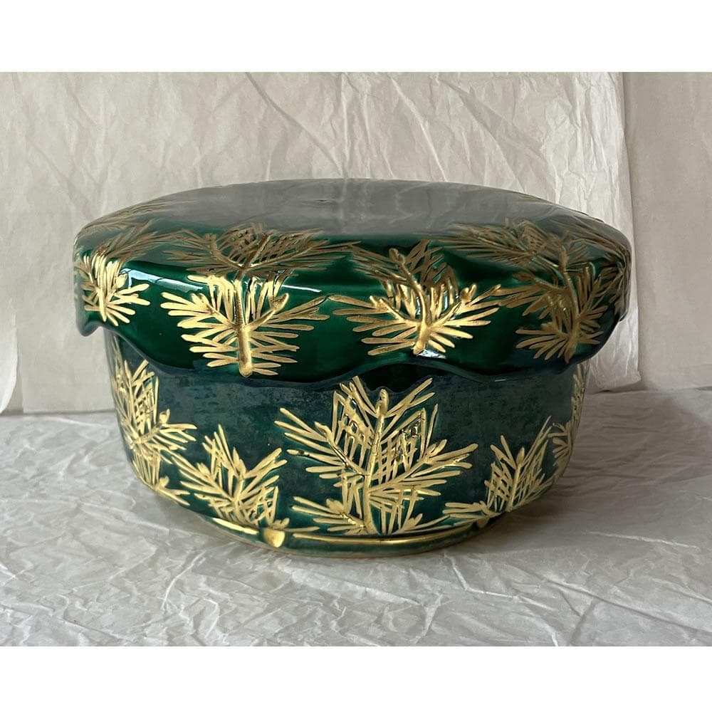 F1446 加賀瑞山 萬古窯 青釉 若松 喰籠 共箱 喰篭 菓子器 蓋物 茶道具