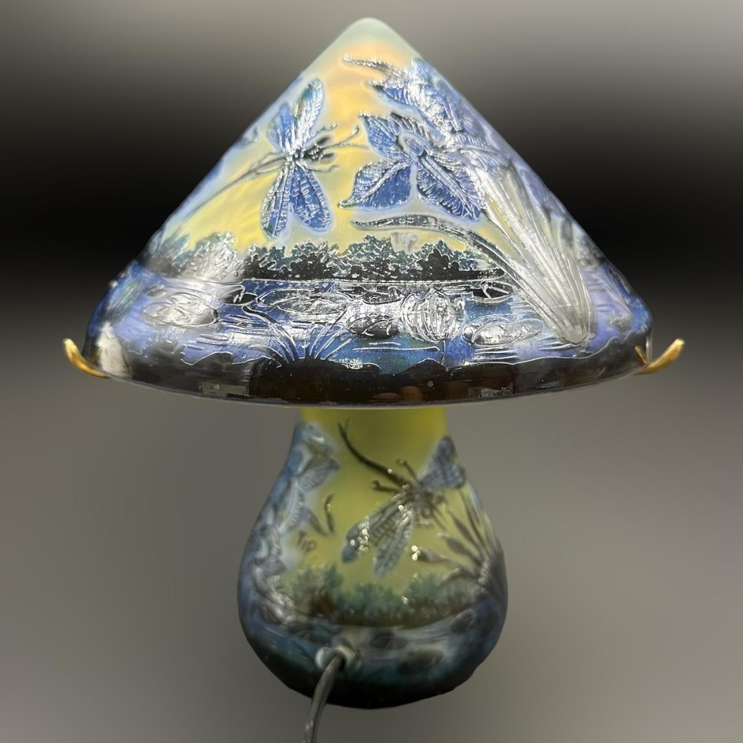 エミールガレ 2灯　蜻蛉文　台座真鍮　カメオ彫り　被せガラス　高さ25cm