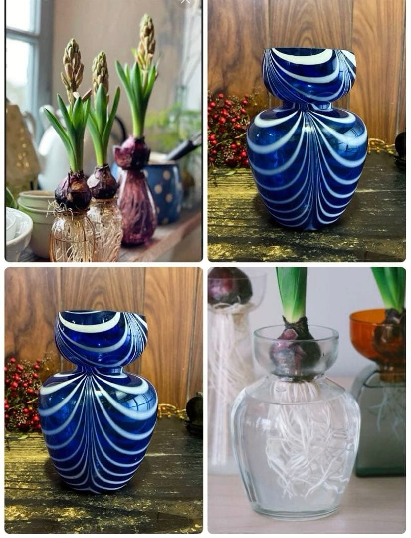 骨董　時代ガラス　超希少　瑠璃色ガラス　掻き揚げ　ヒヤシンス瓶　水耕栽培