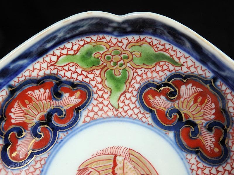 大聖寺伊万里　金襴手鳳凰に毘沙門亀甲紋の図　四方角皿　５枚B249AS-fbbg