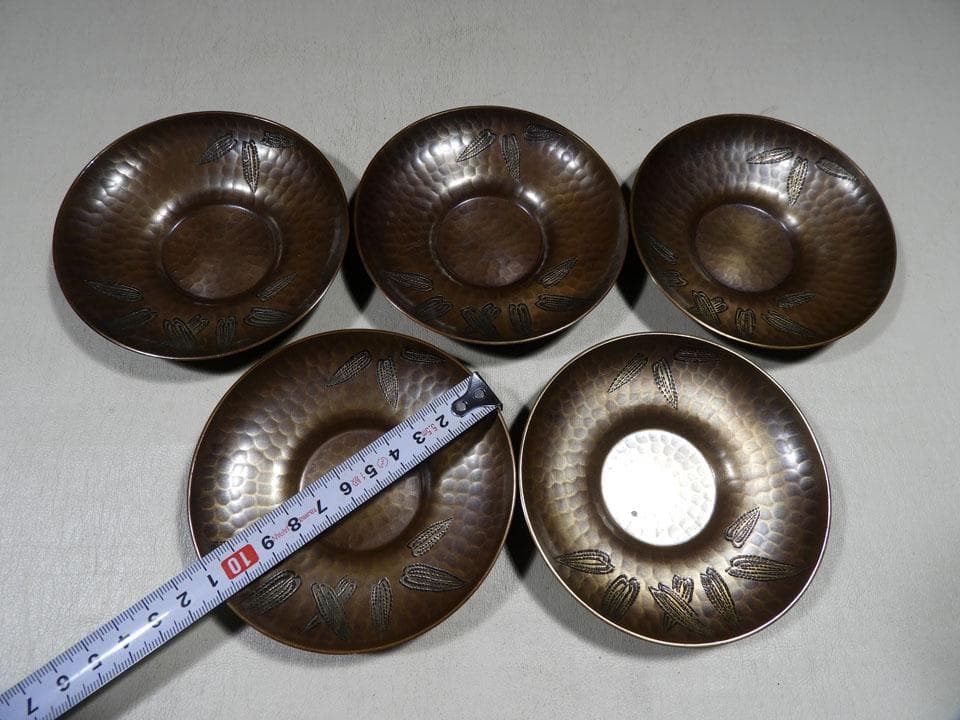 ●玉川堂 笹文 揃い 茶筒 + 茶托五客 鎚起銅 銅製 銅器 黄布 栞 共箱入り