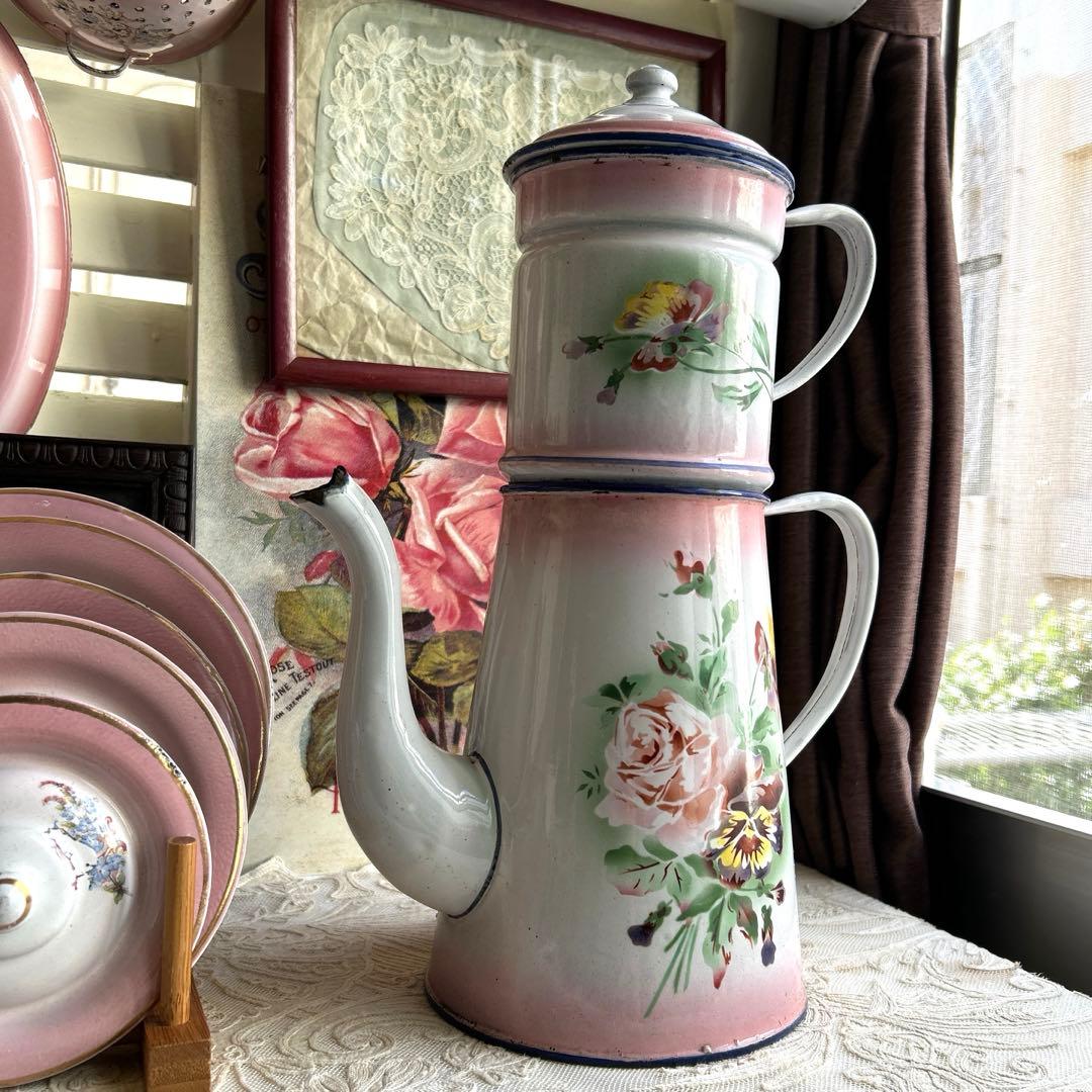 フランスアンティーク　Pink japy ホーローポット