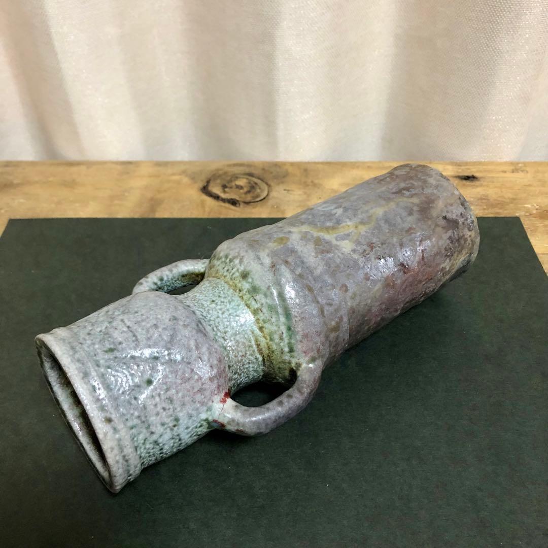 佐久知炎仙 秘色南蛮花器 茶道具 共箱 耳付花入