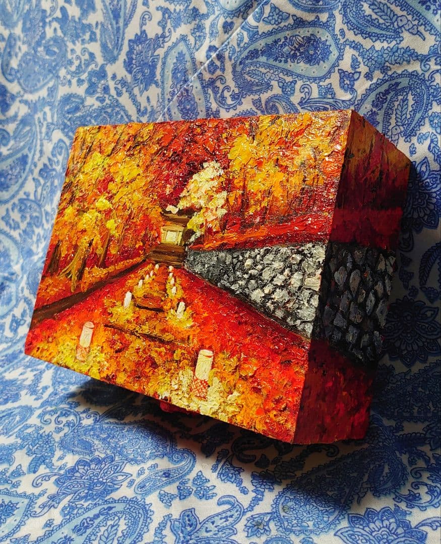 北欧風 油絵 絵画「紅葉ボックス」モダンアート 玄関やリビングに映える 秋の風景