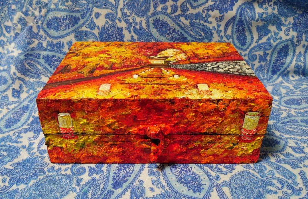 北欧風 油絵 絵画「紅葉ボックス」モダンアート 玄関やリビングに映える 秋の風景