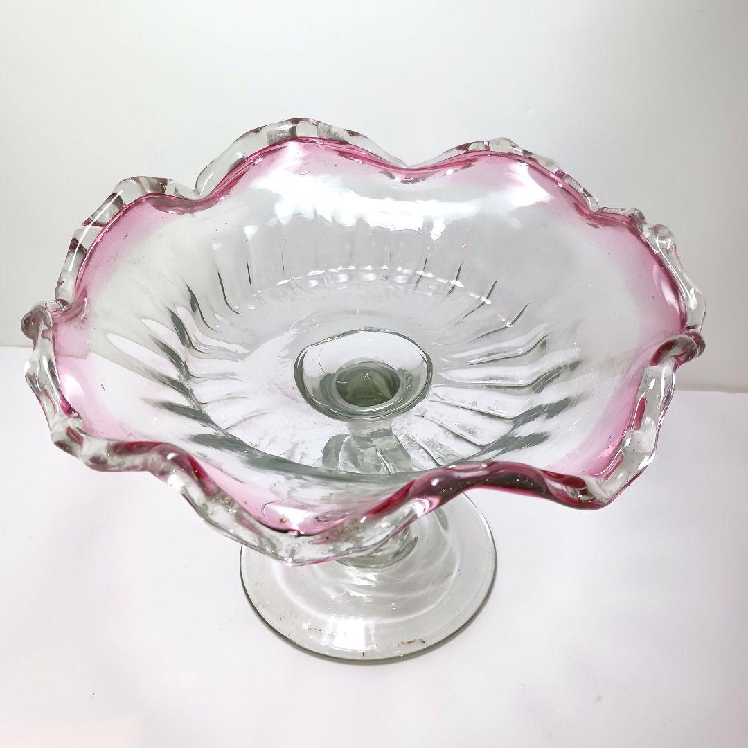 Y2680-1 時代レトロ 赤縁ガラス 大型コンポート 皿 サイン入り #6