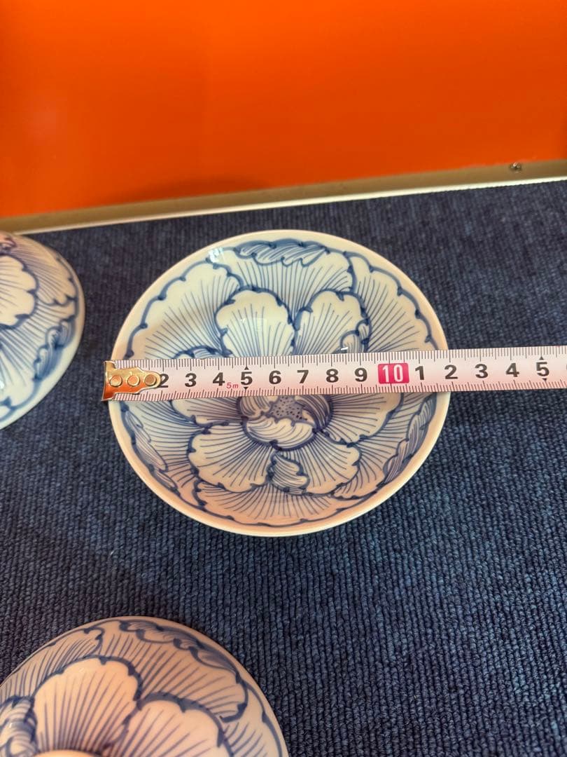 1968 三川内焼　嘉久正窯　手描き　牡丹　輪花小鉢　5客　未使用