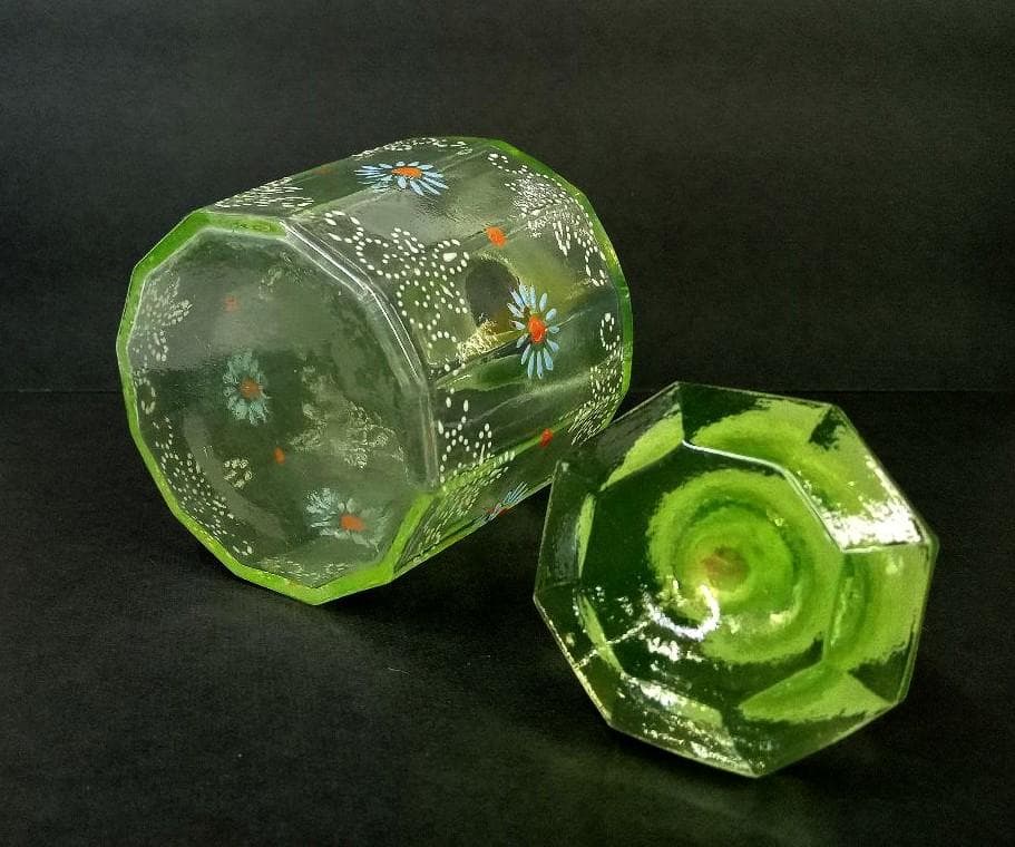 ★P0101★アンティーク　ウランガラス　エナメル花絵 　蓋付き瓶