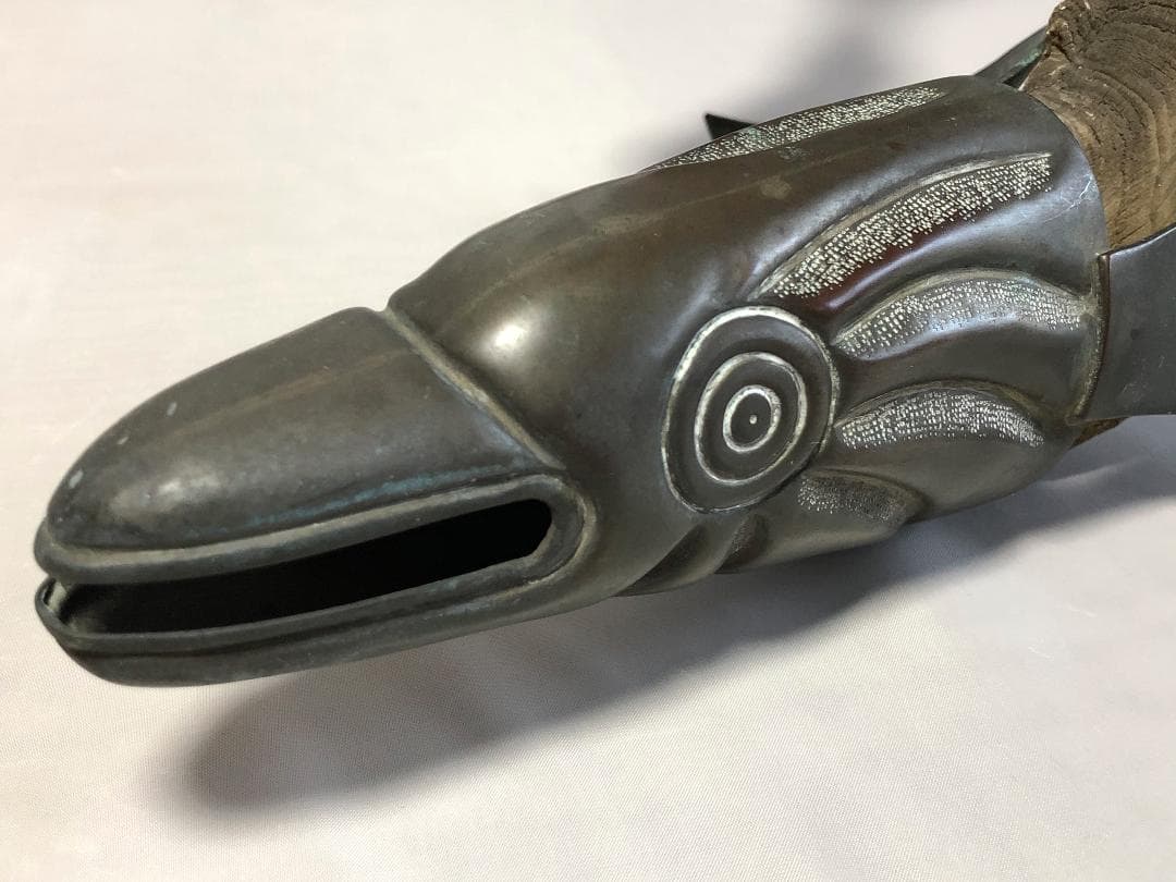 【 稀少文物 】　山羊角、金銅彫金　『魚オブジェ』　清朝古玩