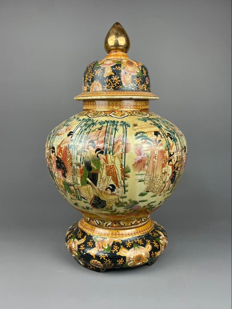 薩摩焼 沈香壺 飾壺 金彩 美人画 置物 高さ約45cm花瓶 インテリア 飾り物