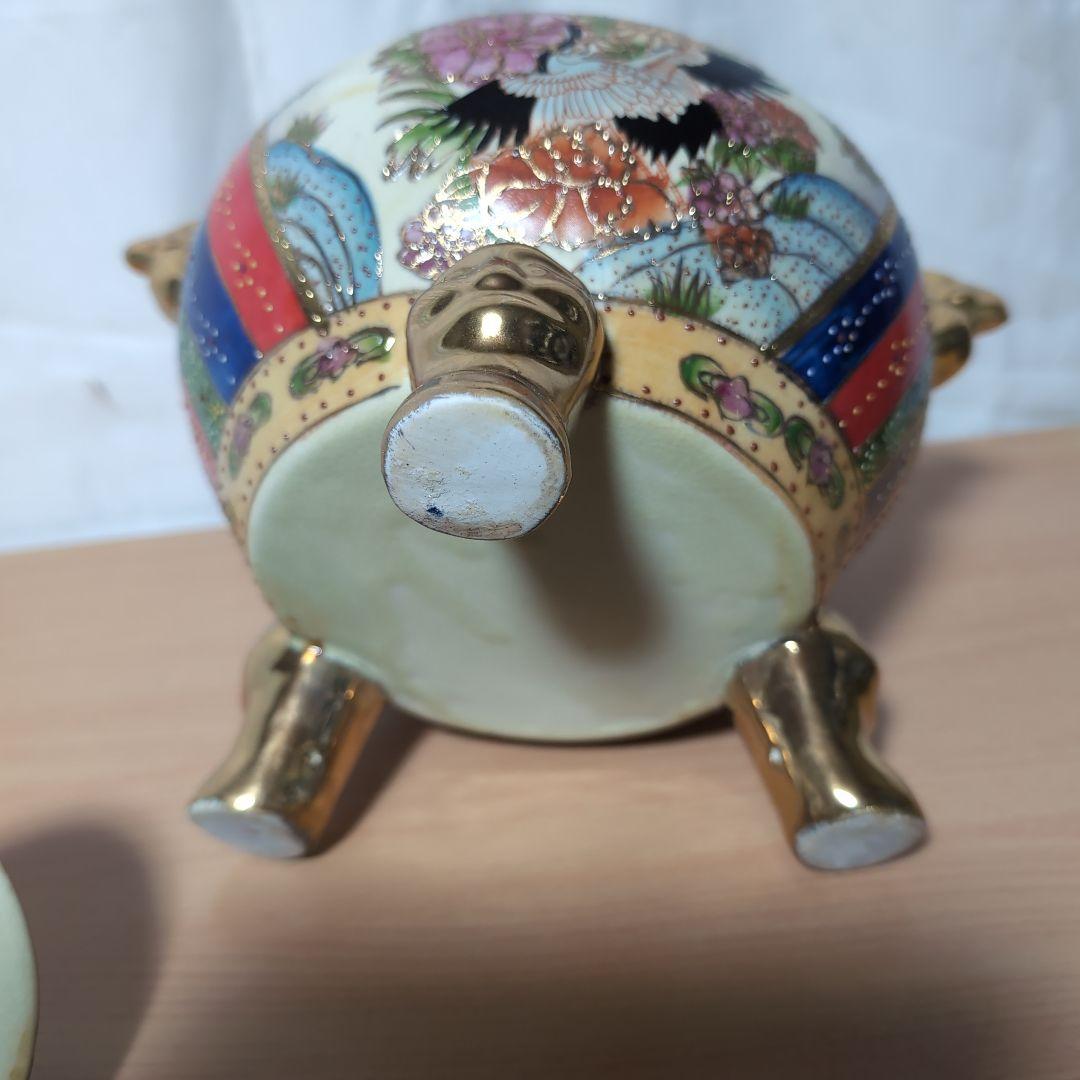 陶器製 香炉 鶴と花のデザイン