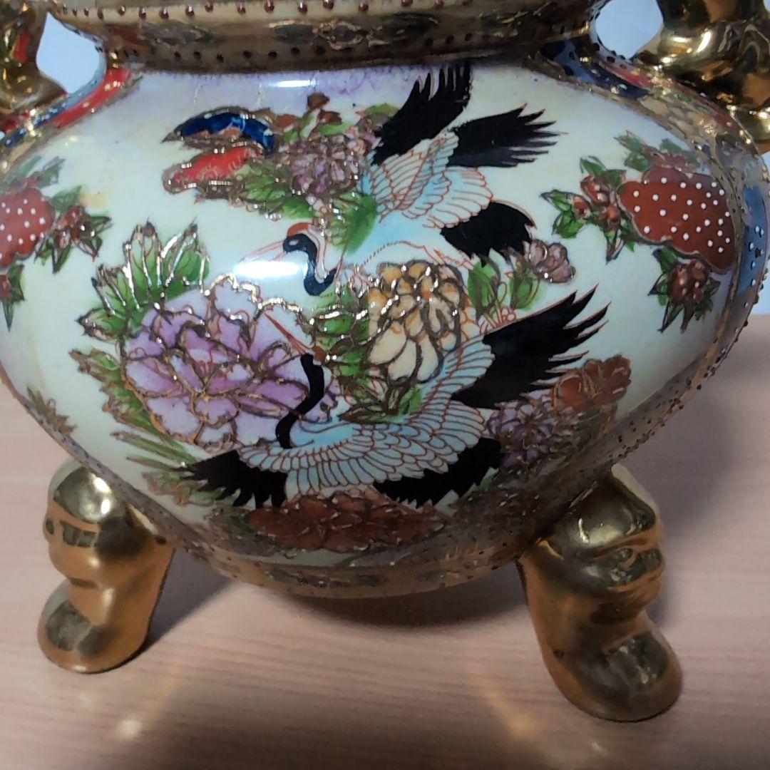 陶器製 香炉 鶴と花のデザイン