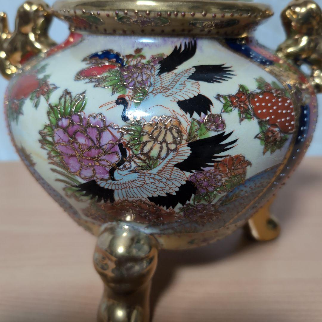 陶器製 香炉 鶴と花のデザイン