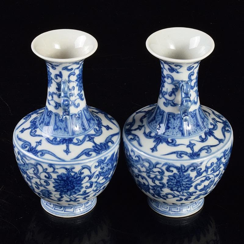 中国　景徳鎮製　青花　龍花文　双耳瓶　一對　D　R5075