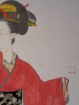 【真作】絵画　日本画6号　紅衣の佳人　美人画　上品な和装女性　W106