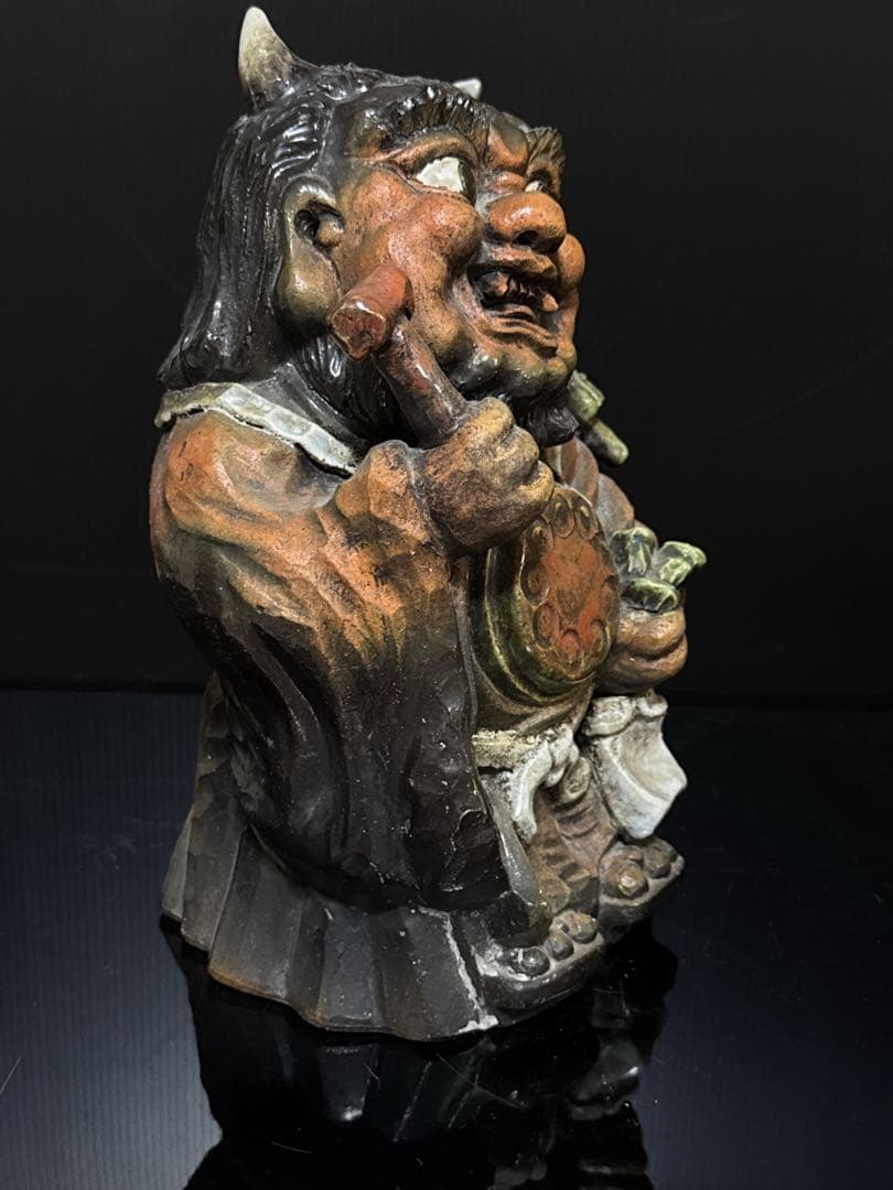 名人 三平 造 陶製 極上彩色手捻 鬼の寒念仏 大津絵 置物