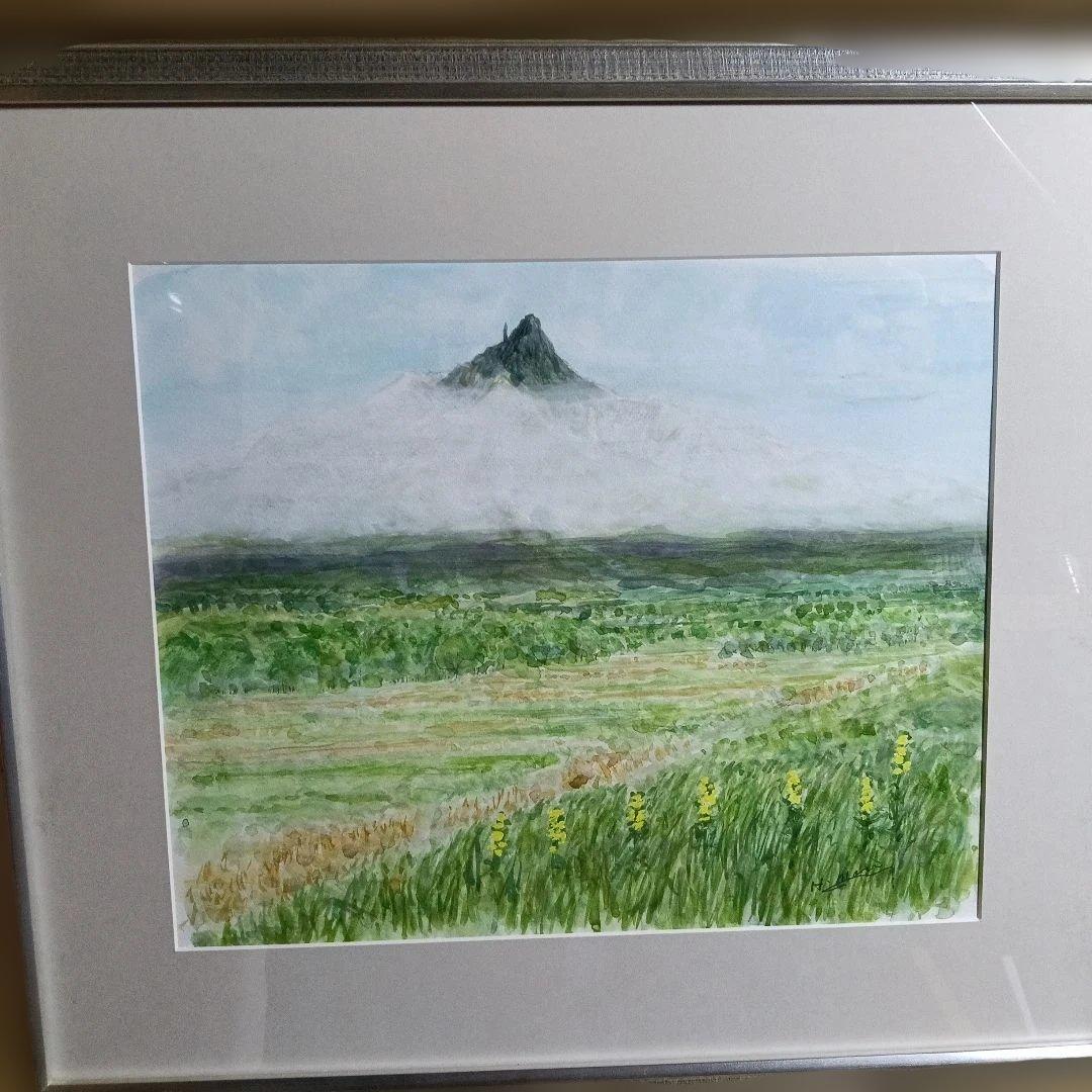 85..月見草と夏の利尻富士、水彩画 山と風景 フレーム付き、１０号