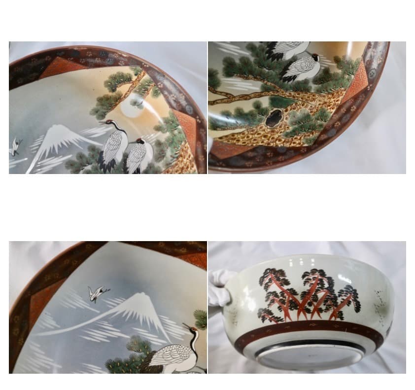 古九谷 九谷焼 三ツ鉢 三ツ丼 三重鉢 重ね鉢 深鉢 鶴松図 富士 色絵