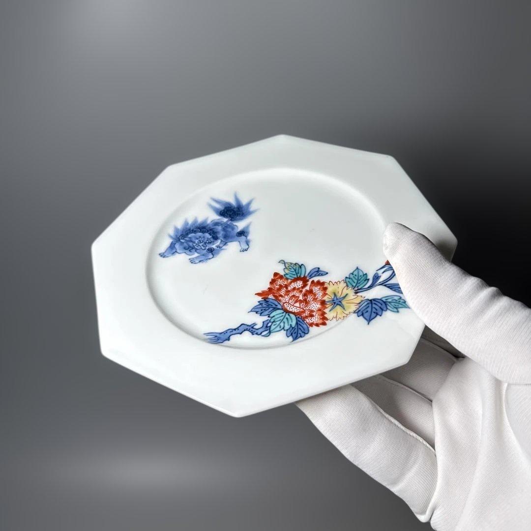 人間国宝　十三代　今泉今右衛門　高級ライン　色鍋島獅子牡丹高台皿　五点揃い　共箱