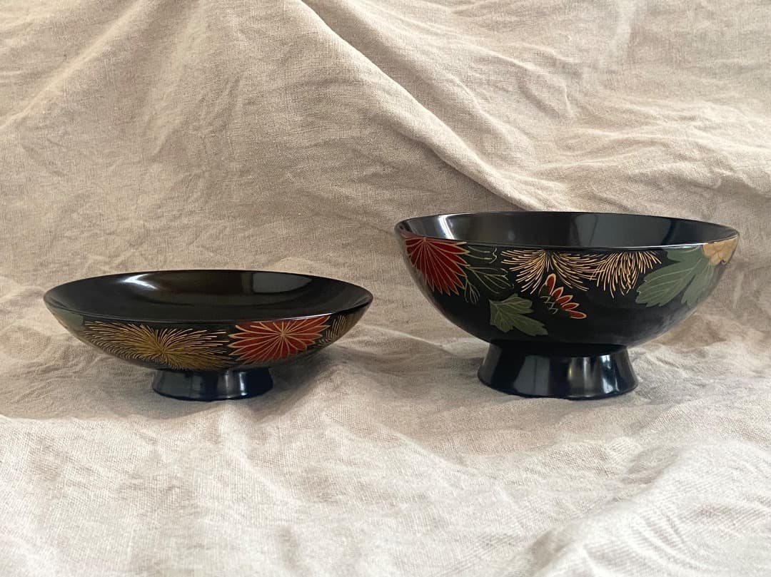 輪島塗 菊詰沈金花蒔絵 蓋付椀 2客 / 懐石椀・吸物椀・雑煮椀