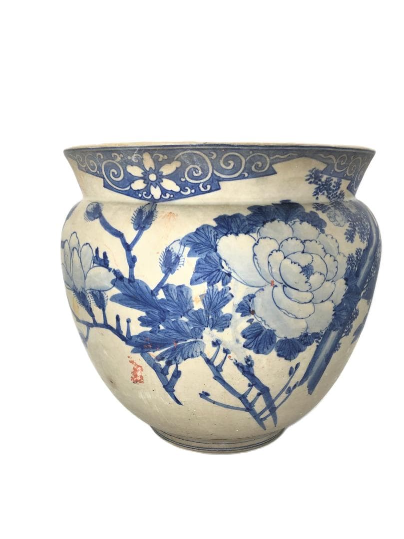 【 瀬戸染付草花文水鉢 】　目跡１０個　江戸期瀬戸焼