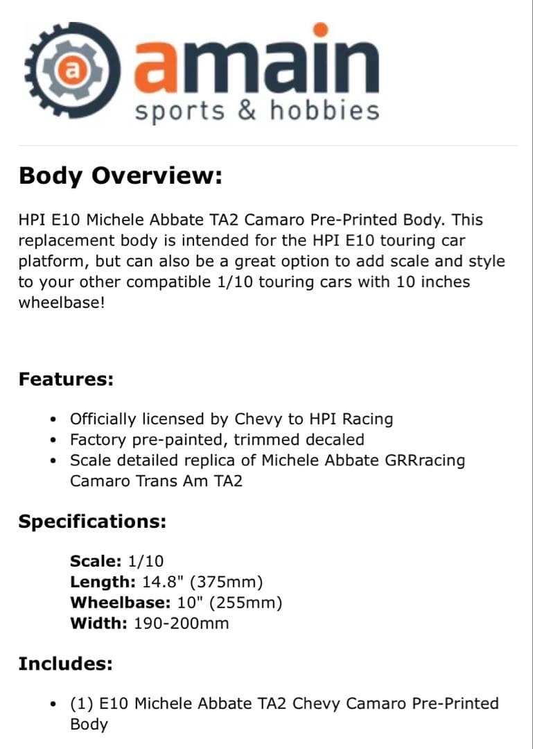 HPI E10 Michele Abbate TA2 Camaroプリントボディ