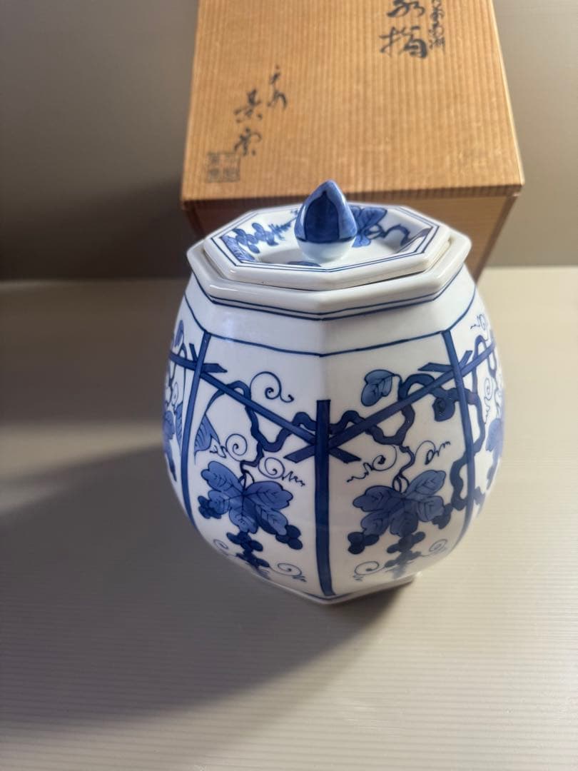 1552 平安景雲　染付葡萄棚文　水指　共箱