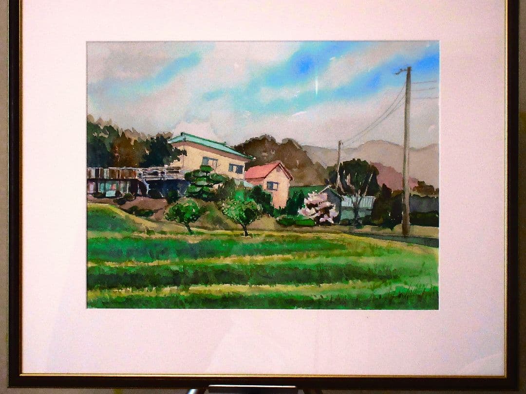 水彩画 田園風景 額装済みF６号