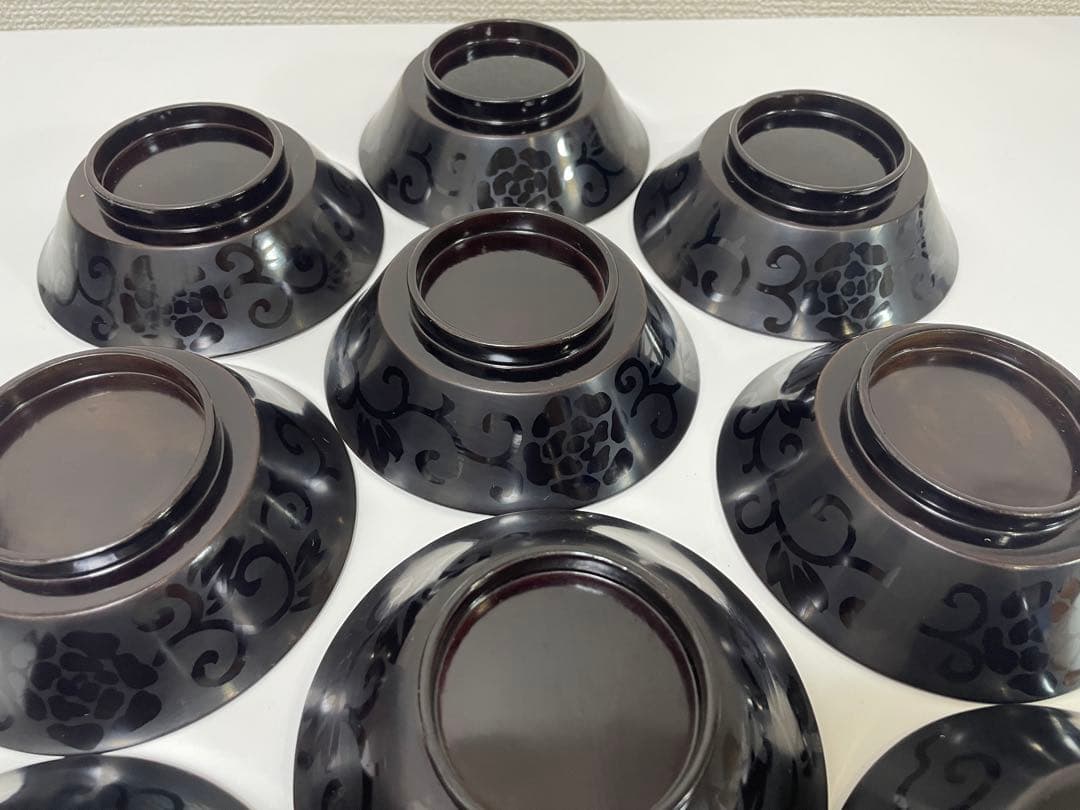 黒漆器 黒漆 内黒塗 漆器 吸物 懐石椀 煮物椀 10客 唐草柄 アンティーク