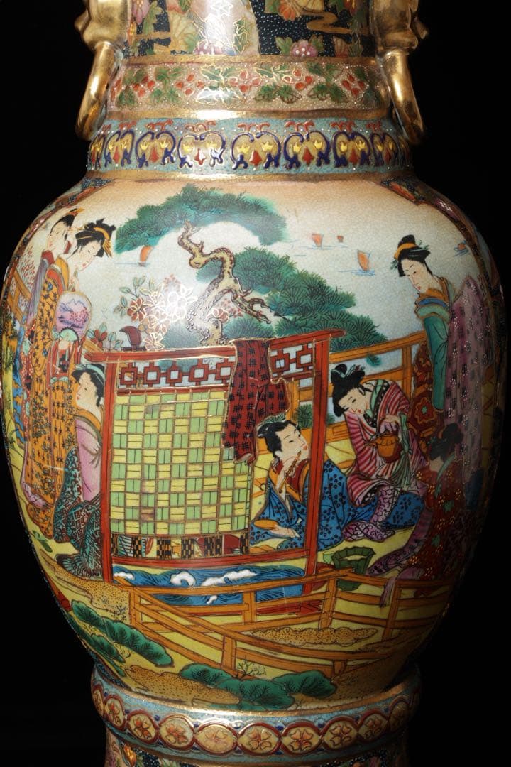 薩摩焼 金薩摩 美人図 大花瓶 高さ61.5㎝ 飾壷 耳付き 花入 古美術品