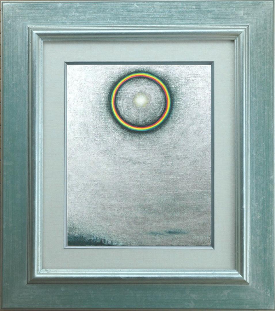 油絵 菅家令子 絵 絵画インテリア額付(青緑＋金色の枠)F3-S102023祈り