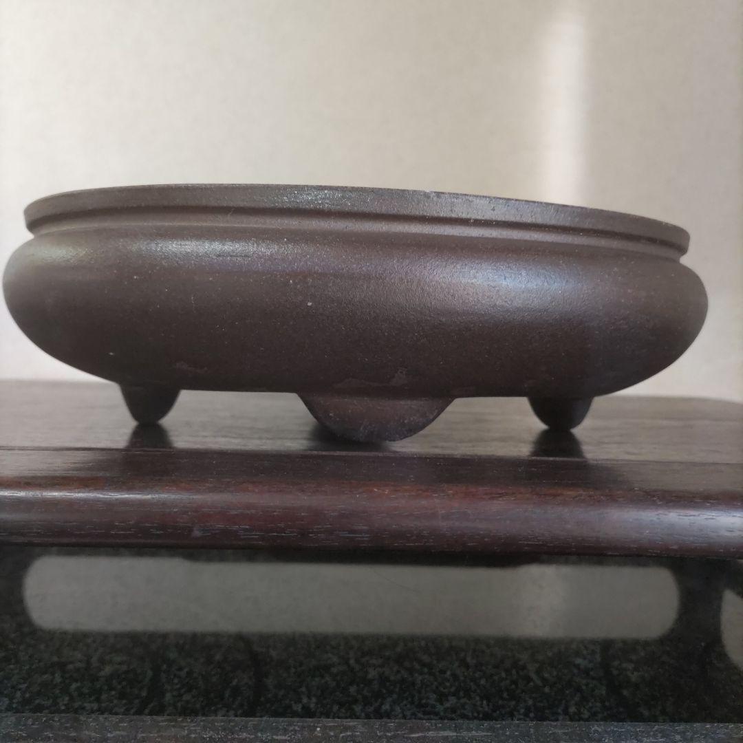 翼記、落款、紫泥袋式楕円鉢、盆栽鉢、植木鉢、古鉢、年代鉢、