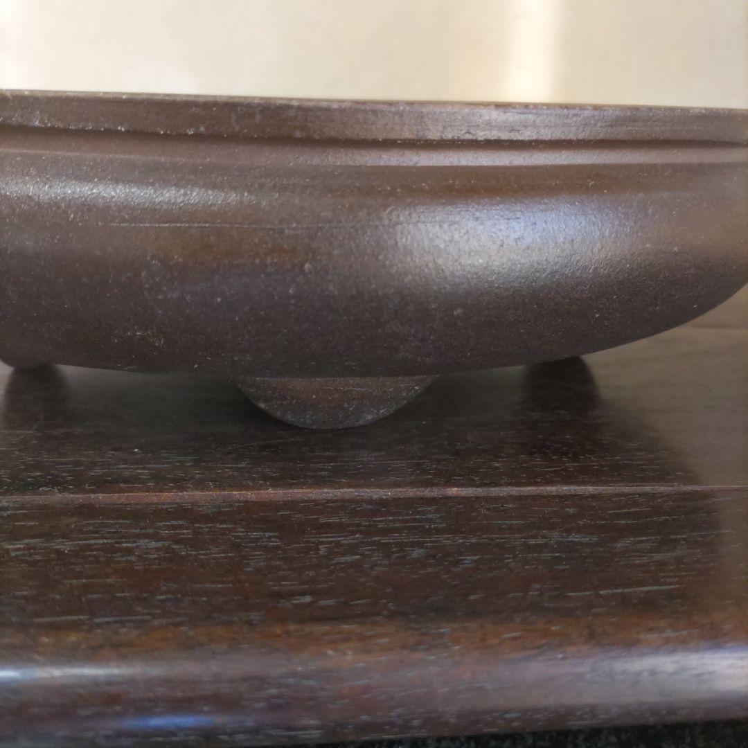 翼記、落款、紫泥袋式楕円鉢、盆栽鉢、植木鉢、古鉢、年代鉢、