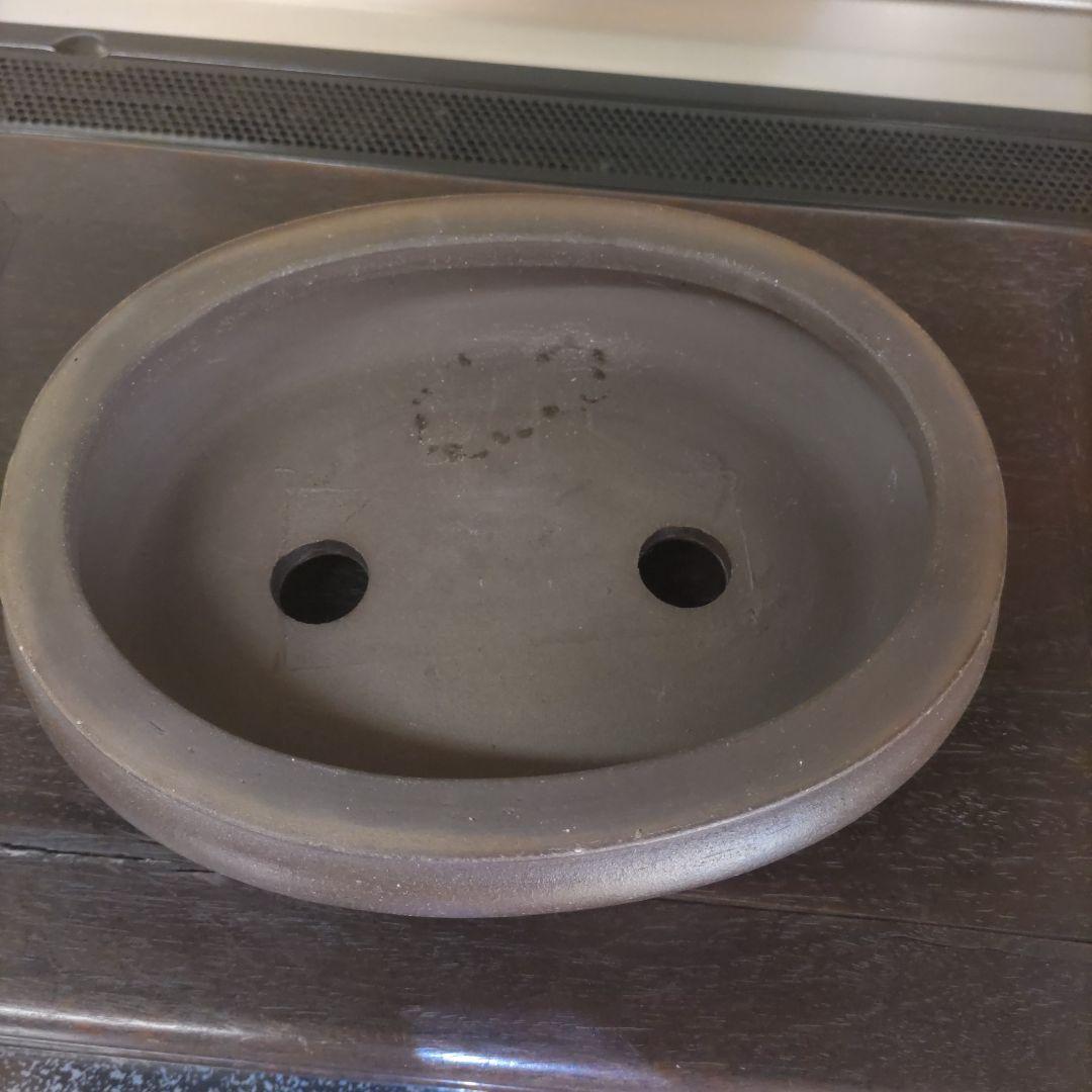 翼記、落款、紫泥袋式楕円鉢、盆栽鉢、植木鉢、古鉢、年代鉢、