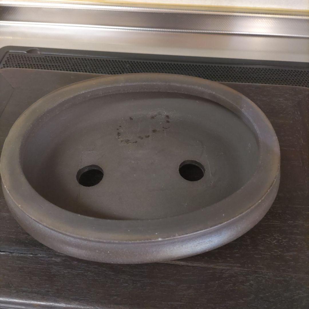 翼記、落款、紫泥袋式楕円鉢、盆栽鉢、植木鉢、古鉢、年代鉢、