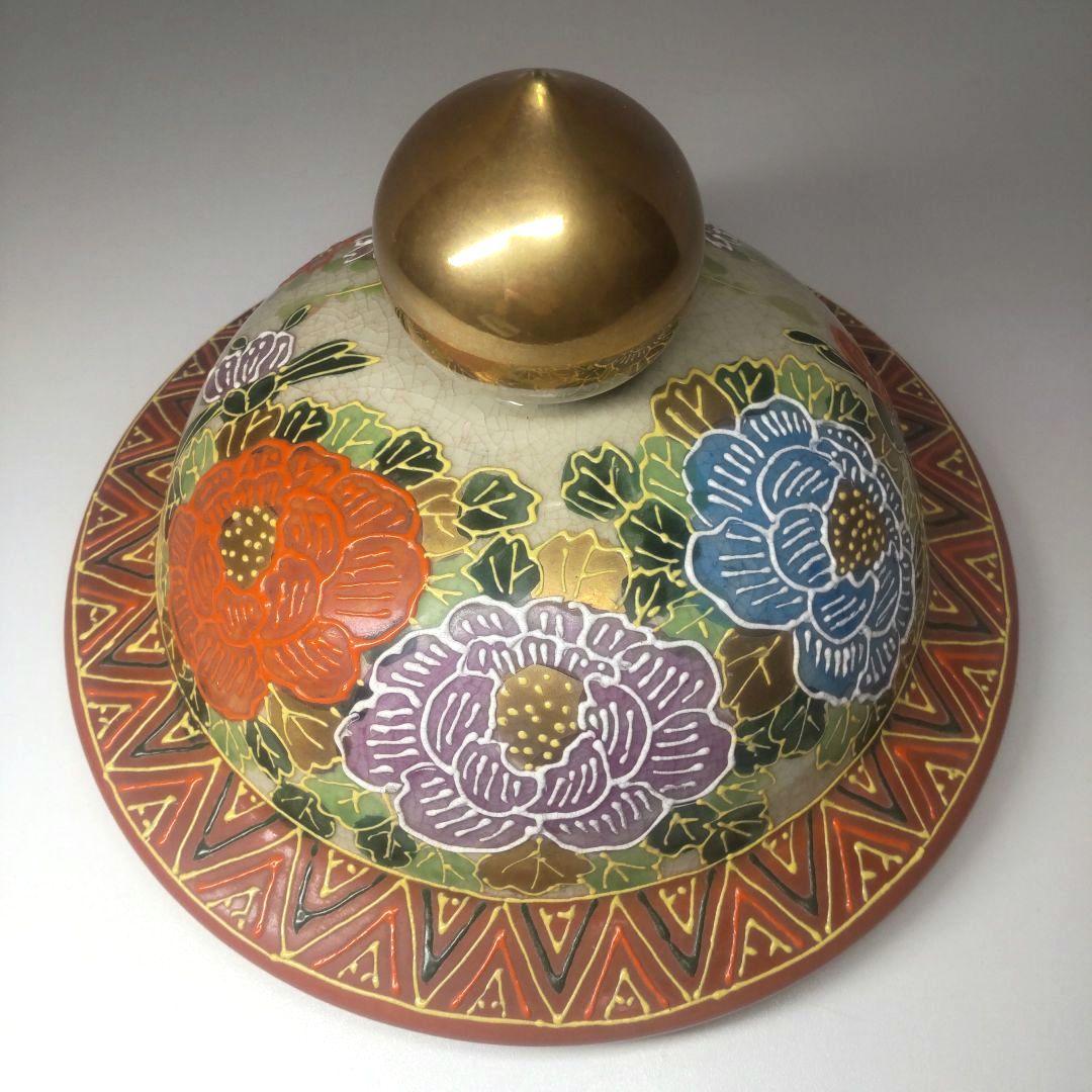 骨董 大型 薩摩焼 白薩摩 丸十字家紋 色絵金彩花 沈香壺 花瓶 年代物