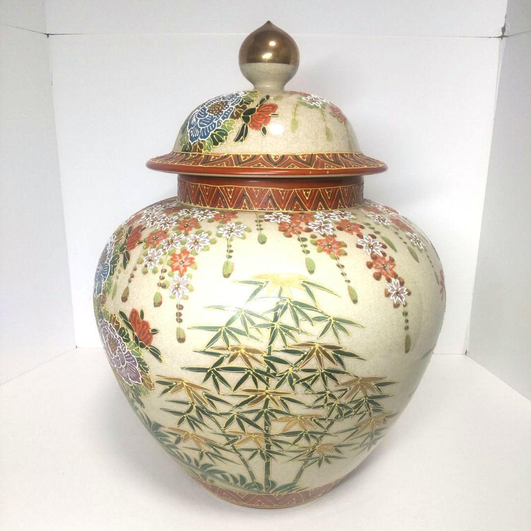 骨董 大型 薩摩焼 白薩摩 丸十字家紋 色絵金彩花 沈香壺 花瓶 年代物