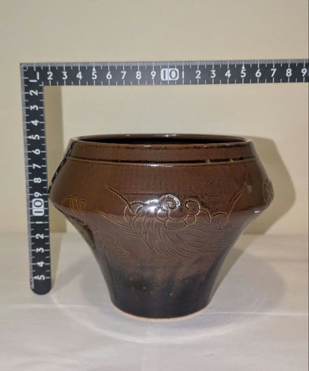 『独楽　宝尽くし』建水　膳所焼　陽炎園　茶道具　茶こぼし　茶の湯茶席茶会　共箱